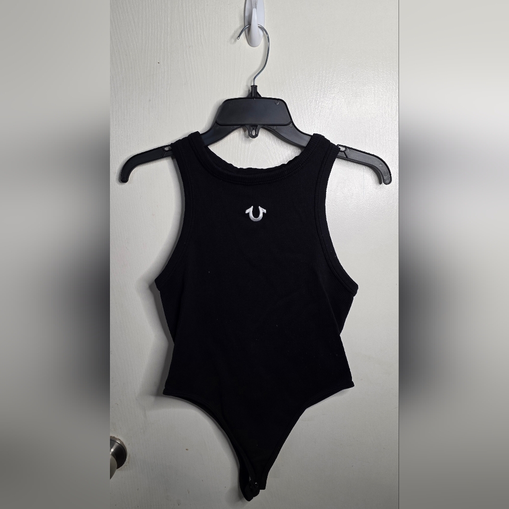 True Religion Horseshoe Seamless Black Bodysuit with White Logo